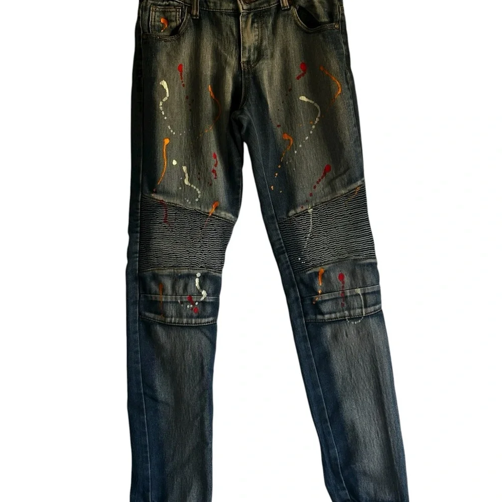 Thrill Blue Denim Skinny Jeans with Artistic Splatter,Streetwear, Biker,Edgy